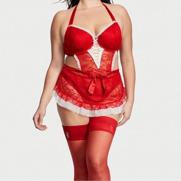 Very Sexy Santa’s Helper Red & White Lace Up Lace ApronXL